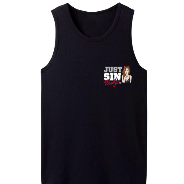 Black tank top with Just sin, Baby! logo